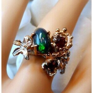 AAA 5ct Australian Black Opal-Hessonite Garnet Sterling Silver Ring Sz 8